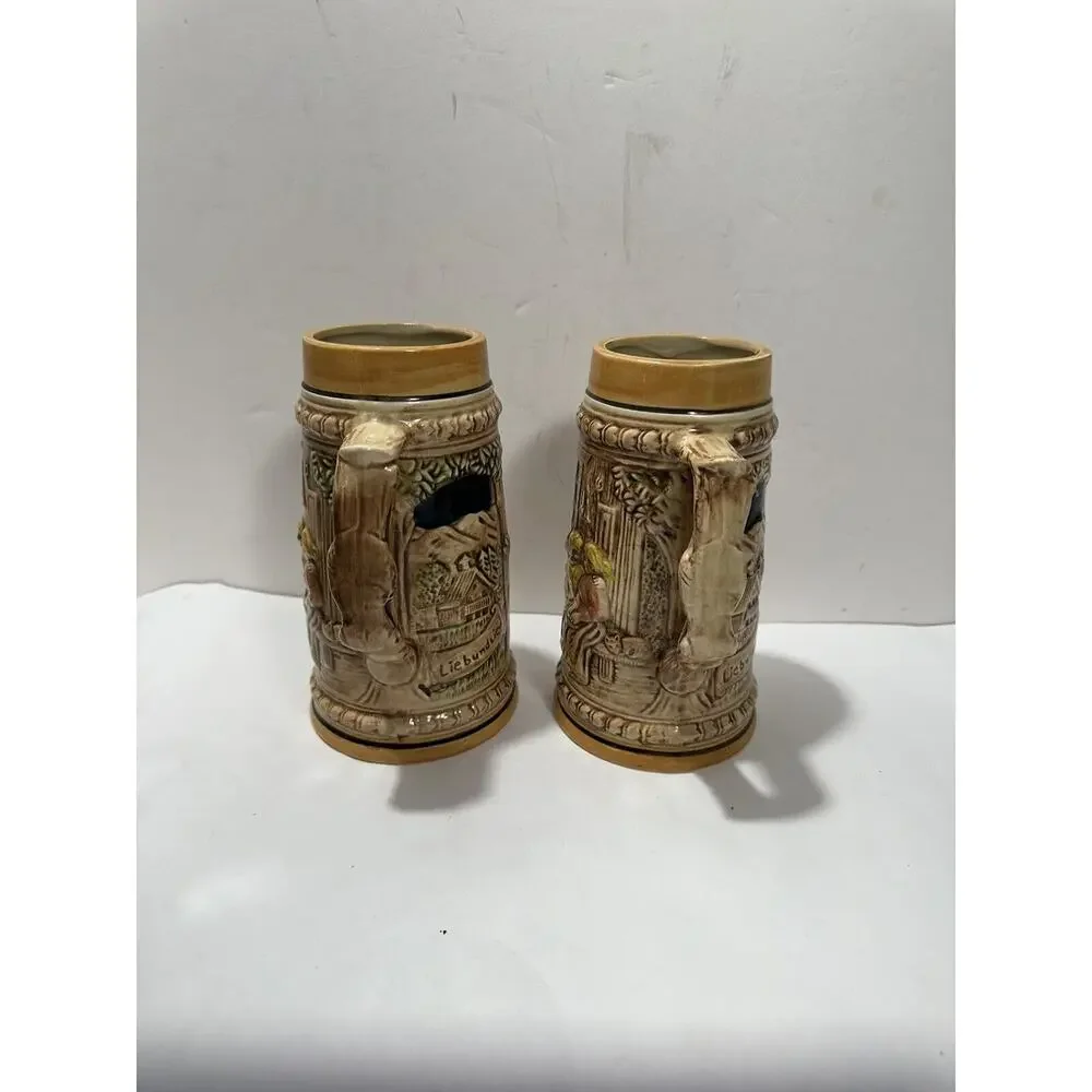 Set 2 Vintage‎ Japanese Ceramic Beer Stein, Man Plays Mandolin 3D Mug Art German